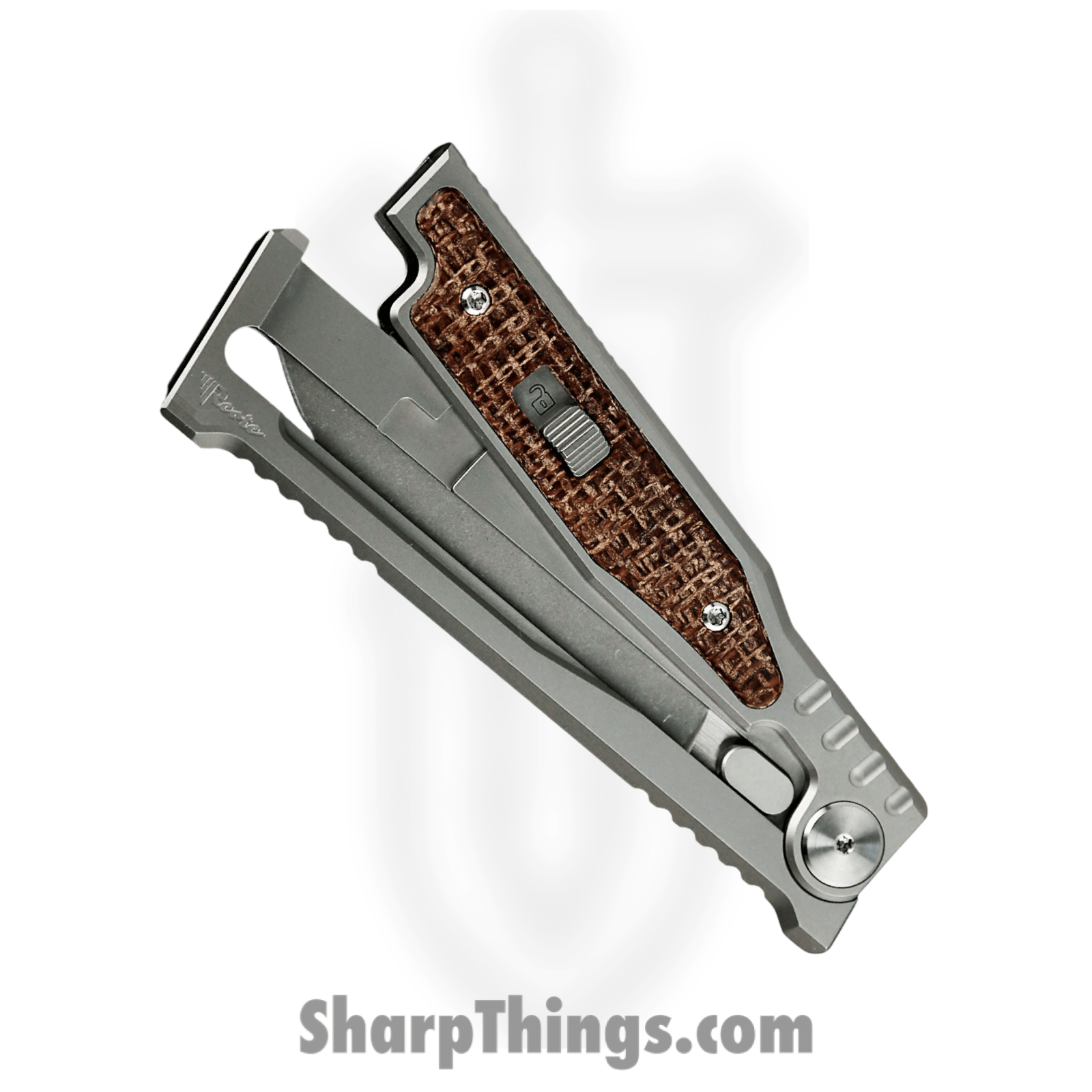 Reate Knives - EXO31133VMI - Mini EXO - Gravity Knife - CPM 3V Stonewash Tanto - Titanium Burlap Micarta Inlay - Brown - Image 3